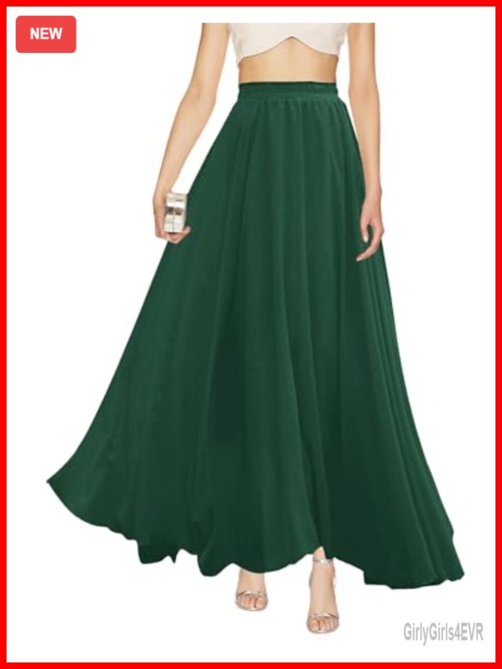 Women's Pleated Maxi Chiffon Skirt A-Line Full Ankle Length Elastic Waist